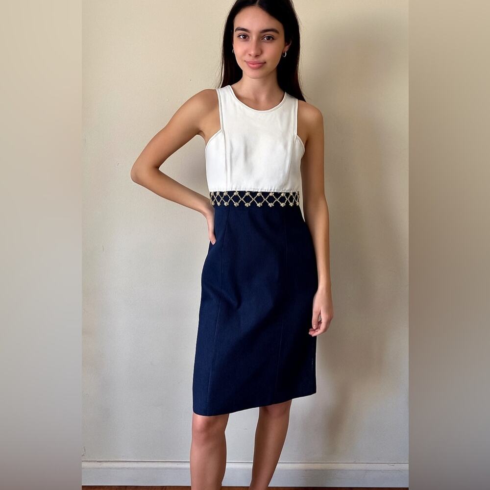 Vintage 90’s Linda Segal Denim & White Midi Dress | Y2K Diamond Cutout | Size 10